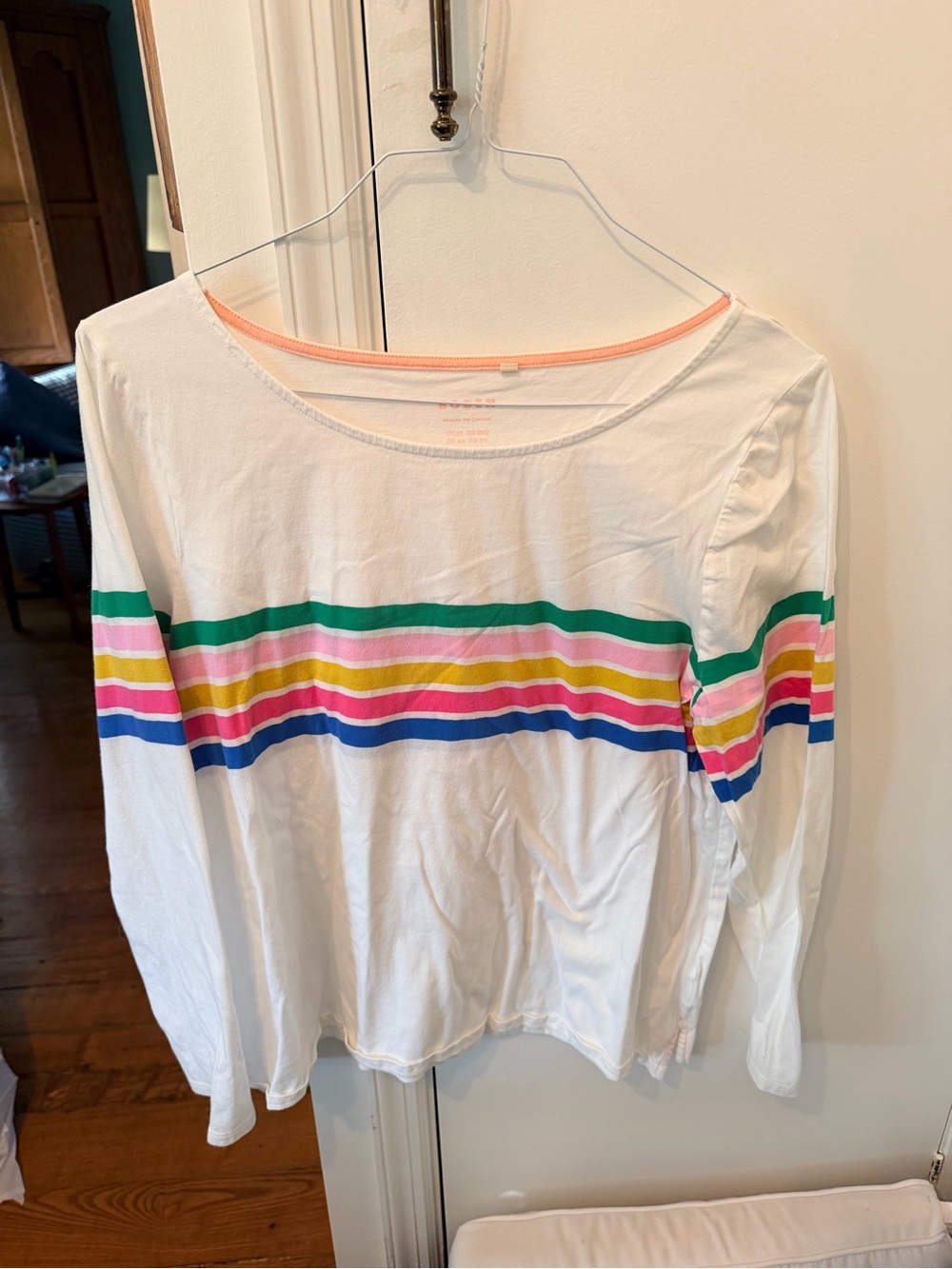 Boden White Long-Sleeve Tee with Green, Pink, Yellow & Blue Stripes